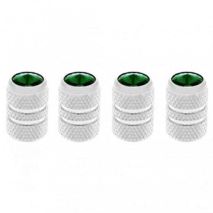 United Pacific Chrome Tubular Valve Caps w/ Green Diamond (4 Pack) 69992